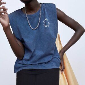 New Zara Faded Effect Friday Feeling Graphic Print Shoulder Pads Blue T-Shirt